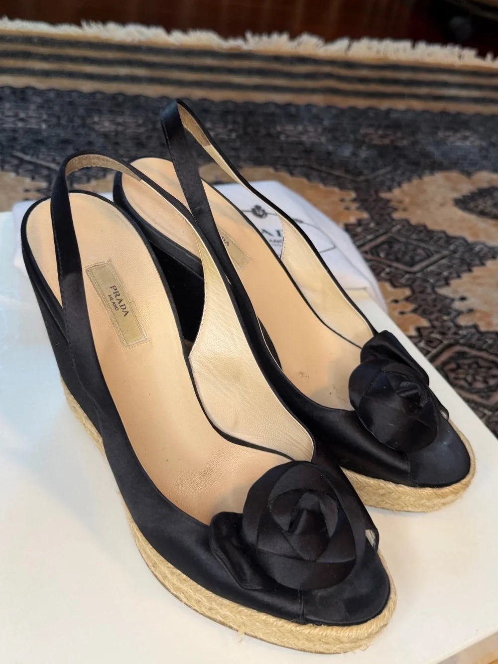 Prada Black Satin Slingback Espadrille Wedges with Rosette